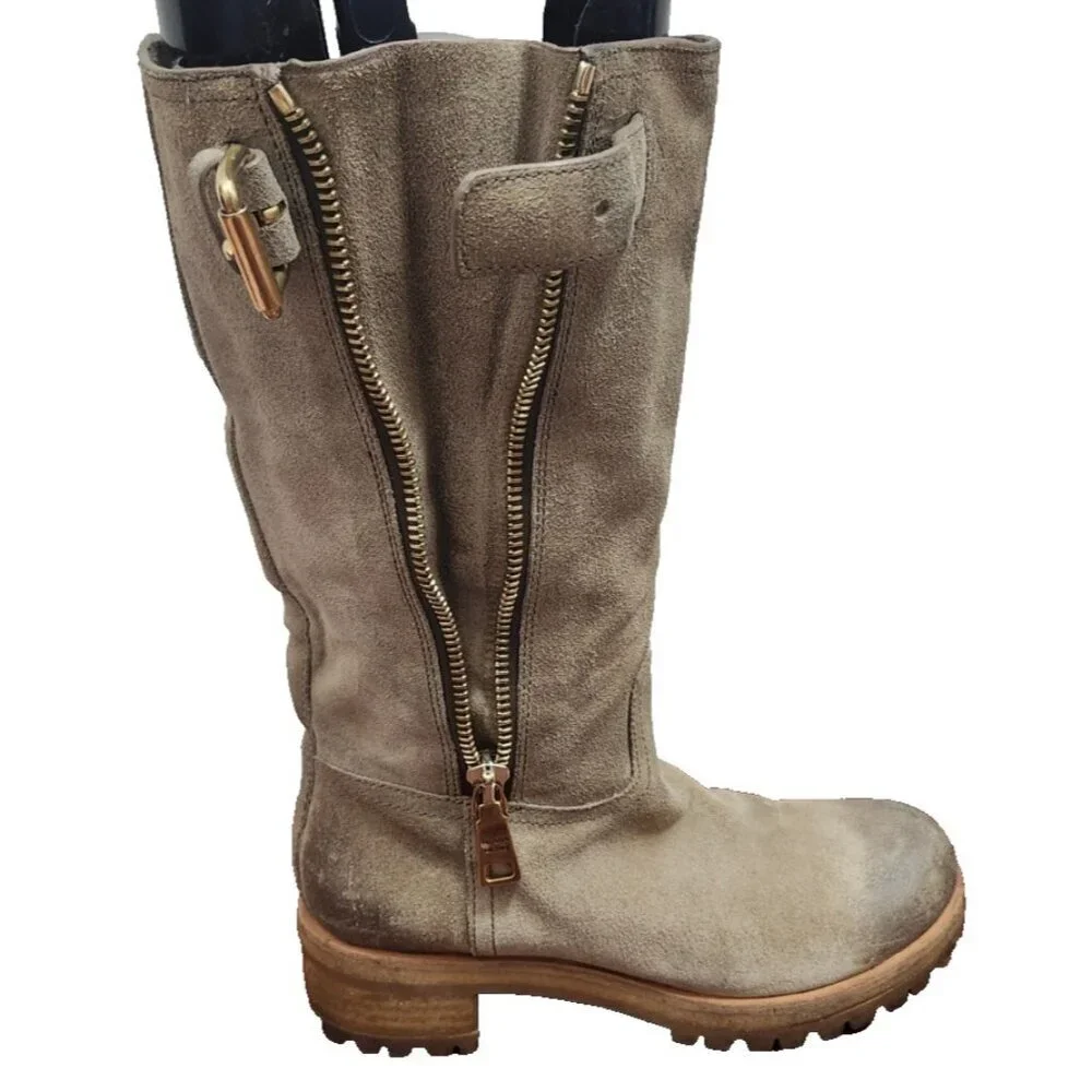 Prada Suede Mid Calf Moto Boots 37.5 Beige Taupe Leather Lined Lug Sole Side Zip - Picture 7 of 15